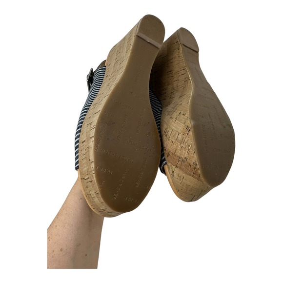 Marc Fisher Sinthya Blue Stripe Denim Cork Wedge Slingback Sandals 7.5 - Picture 3 of 11